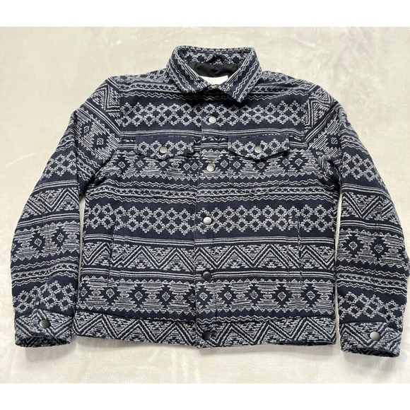 SUN STONE Other - Sun + Stone Bomber Jacket Men Medium Navy Aztec Print Lined Flap Pocket Flannel